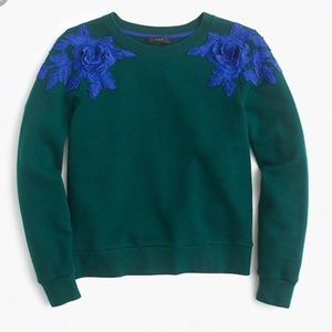 J.Crew Woman's Green & Blue Flower Appliqué Cotton Sweatshirt Sweater Sz Small